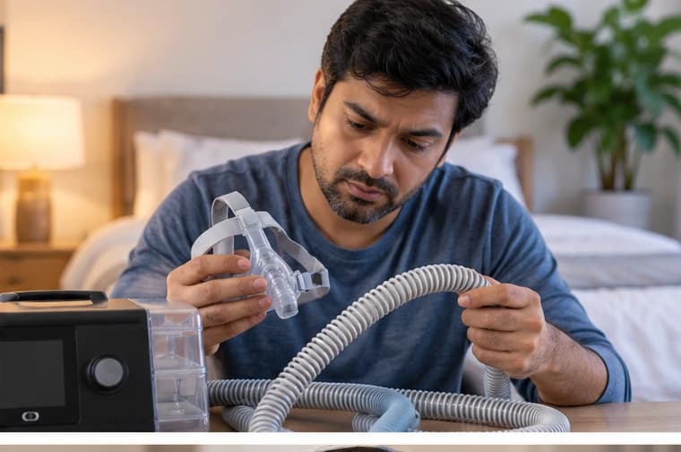 A man examining his CPAP mask and tubing while troubleshooting a fit issue