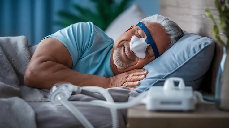 An older man sleeping comfortably in a freshly cleaned CPAP mask