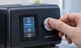 A hand turning the control dial on a CPAP machine