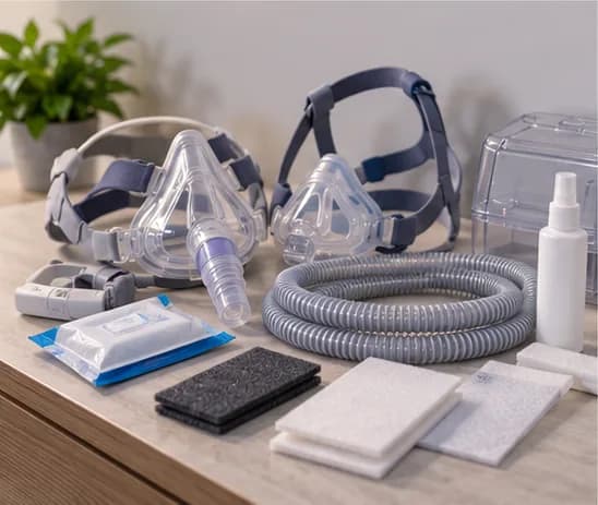 CPAP masks, tubing, filters, and cleaning supplies laid out