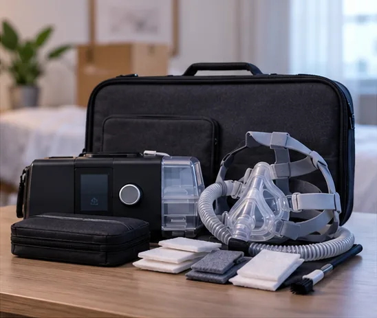 CPAP rental equipment kit showing machine, mask, tubing and accessories